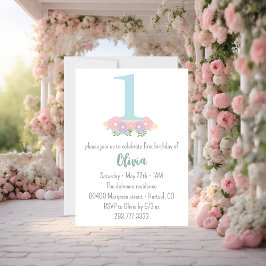 Blommigt blå, rosa pastel 1:a födelsedag party inbjudningar