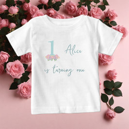 Blommigt blå, rosa pastel 1:a födelsedag party t shirt