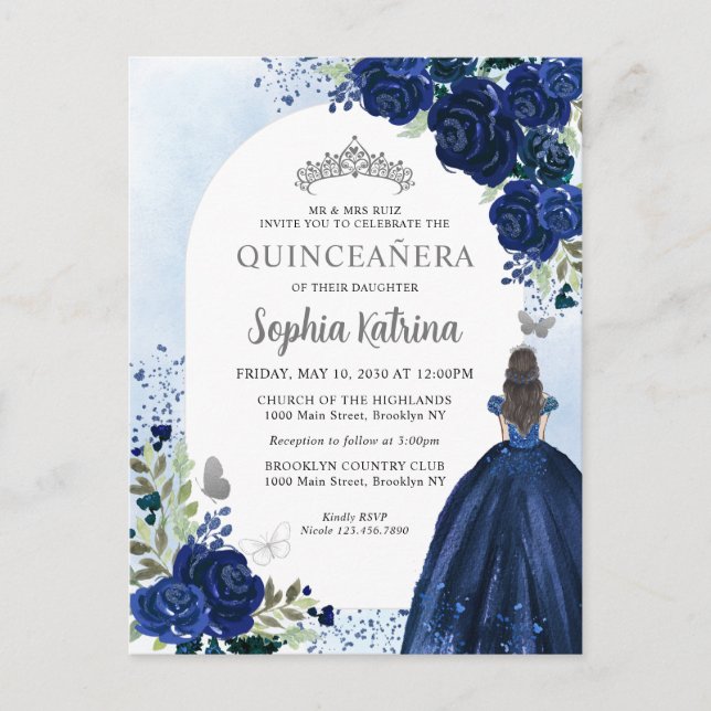 Blommigt Blå Silver-gulddagg Quinceanera Inbjudan Vykort (Framsida)