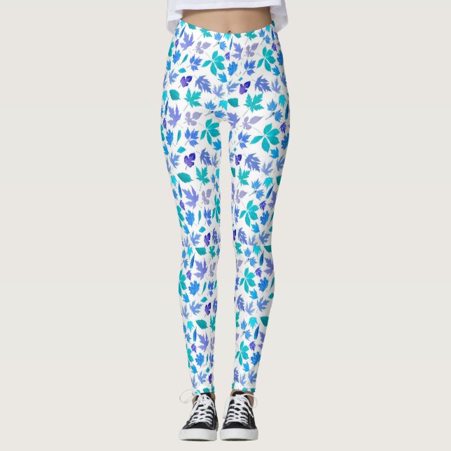 Blommigt Blåa blommor Mönster Design-36566 Leggings (Framsida)