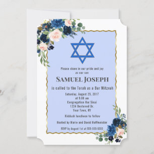 Blommigt Blåblå Guld-stjärna av David Pub Mitzvah Inbjudningar