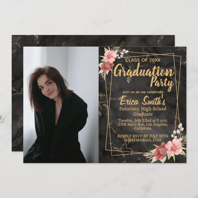 Blommigt Black and Guld Photo Studentfest Inbjudningar (Fram/baksida)