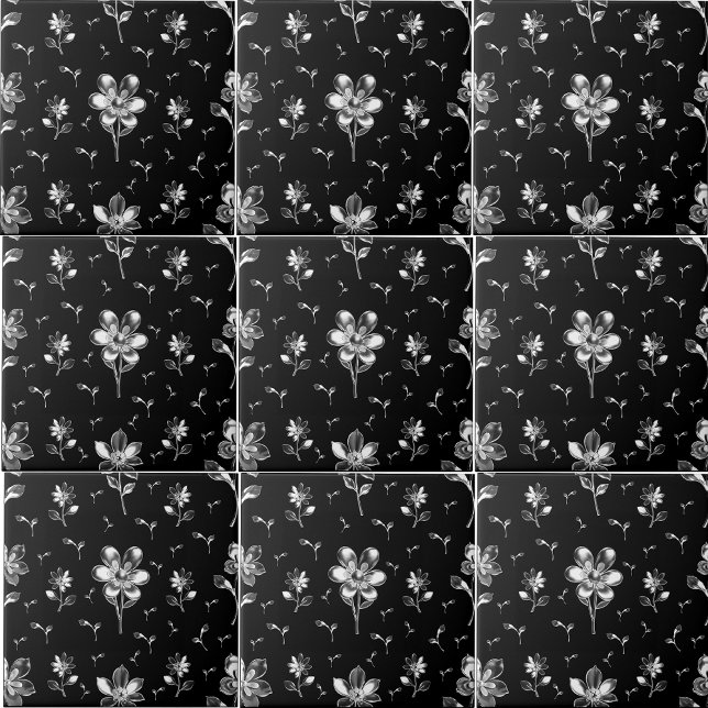 Blommigt Black and Silver Flower Mönster Bathroom Kakelplatta (Splashback )