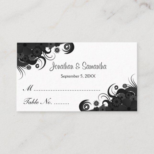 Blommigt Black and White Bröllop Bord Place Cards Placeringskort (Framsida)
