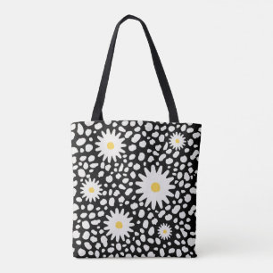 Blommigt Black and White Mönster Tote Bag Tygkasse