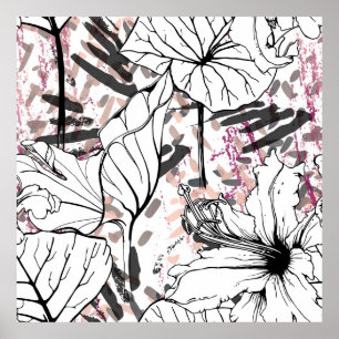 Blommigt Black and White Seamless Mönster. Modern  Poster