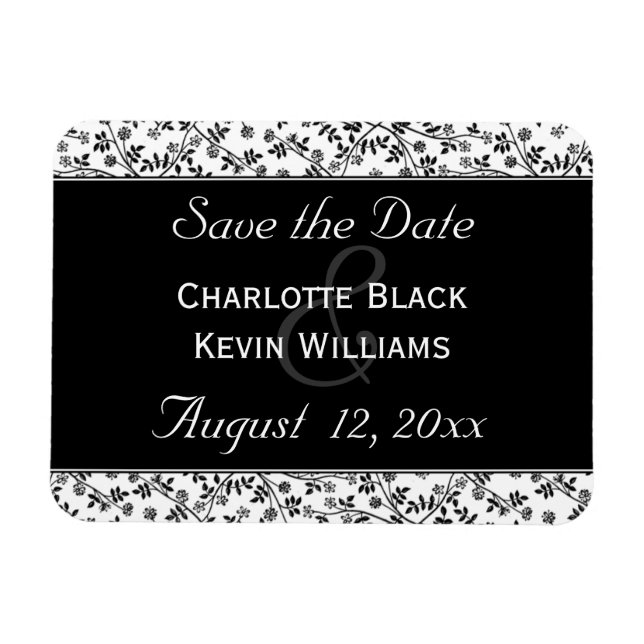 Blommigt Black and White Spara datum magneter (Horisontell)