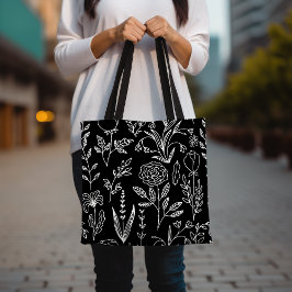 Blommigt Black and White Tote Bag, Hand plockade F Tygkasse