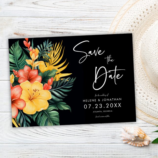 Blommigt Black Botanical Tropical Bröllop Spara Datumet (Floral Black Botanical Tropical Wedding Save The Date)