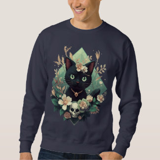 Blommigt Black Cat Skull Pixel Art för Halloween Lång Ärmad Tröja