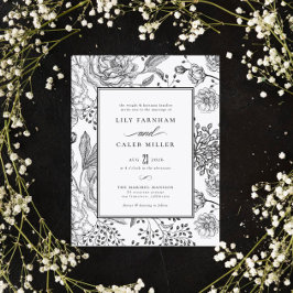 Blommigt Black Elegant bröllop Inbjudningar