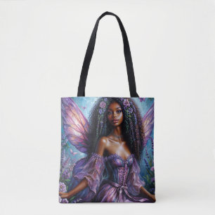 Blommigt Black Fairy with Lila Vingar Art Tygkasse