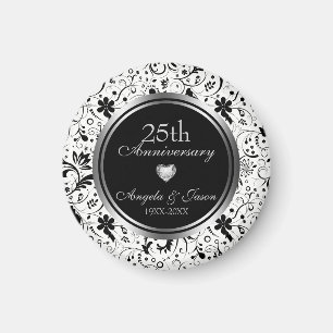 Blommigt Black Flowers - Silver-årsdagen Magnet