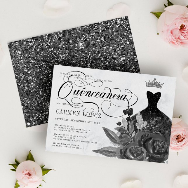 Blommigt Black Glitter Princess Tiara Quinceanera Inbjudningar (Skapare uppladdad)