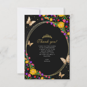 Blommigt Black Guld Butterfly Quinceañera Photo Anteckningskort