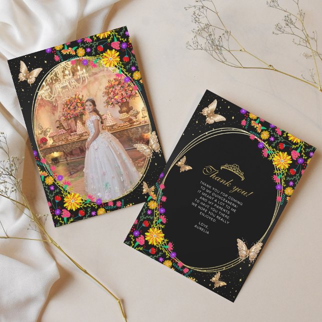 Blommigt Black Guld Butterfly Quinceañera Photo Tack Kort (Skapare uppladdad)