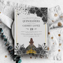 Blommigt Black Guld Princess Birthday Quinceanera Inbjudningar