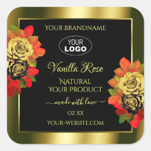 Blommigt Black Guld Shimmer Product Label Ro Logot Fyrkantigt Klistermärke