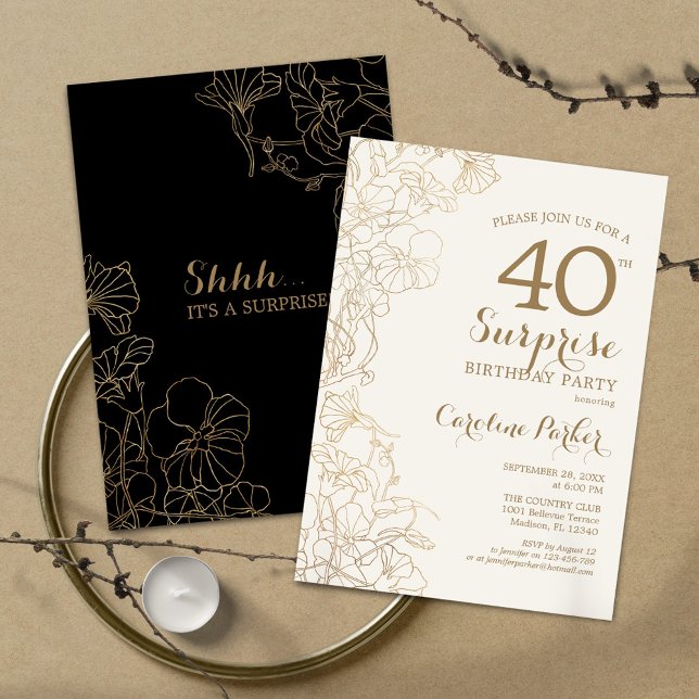 Blommigt Black Guld Surprise 40:e födelsedag Party Inbjudningar (Skapare uppladdad)