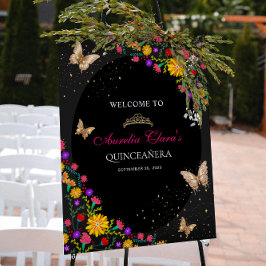 Blommigt Black Guld Tiara Butterfly Mis Quinceañer Poster