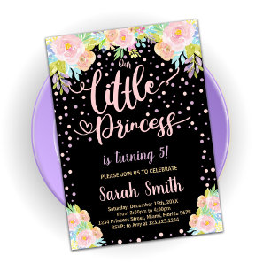 Blommigt Black Princess Birthday-inbjudan Inbjudningar