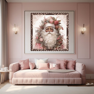 Blommigt Black Santa in Nostalgic Rosa Helgdag Poster