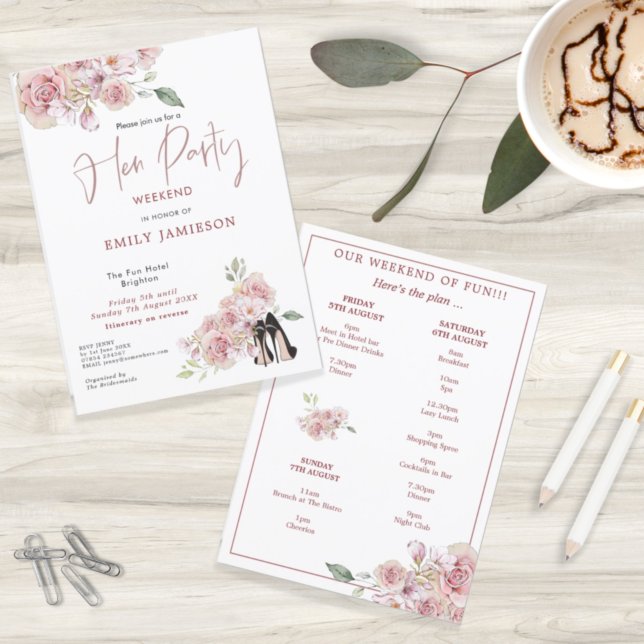 Blommigt Black Stiletto Helg Itinerary Hen Party Inbjudningar (Skapare uppladdad)