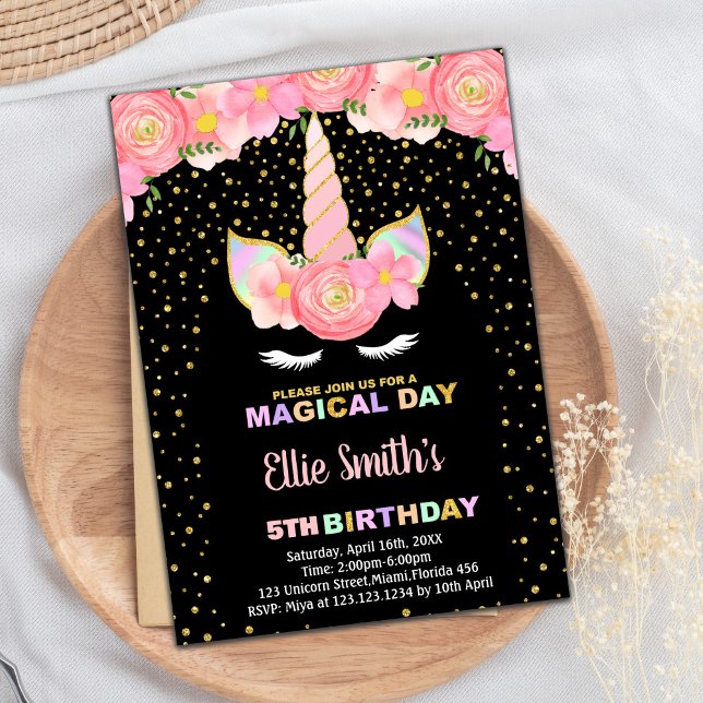 Blommigt Black Unicorn Birthday-inbjudningar Inbjudningar (Floral Black Unicorn Birthday Invitations)
