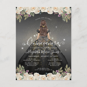 Blommigt Black White Guld Glam Princess Quinceaner Vykort