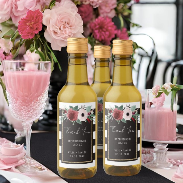 Blommigt Black White Guld Magenta Wedding Favor Mi Vinetikett (Skapare uppladdad)
