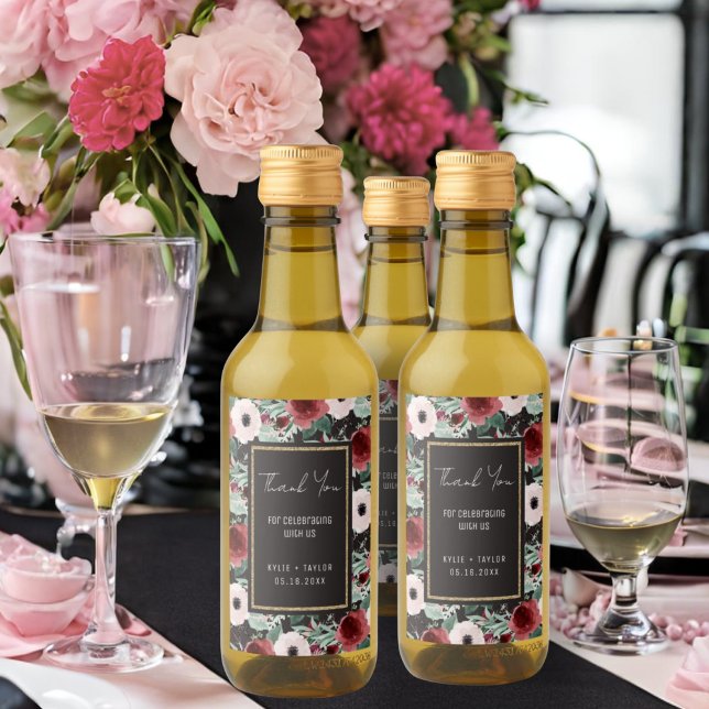 Blommigt Black White Guld Magenta Wedding Favor Mi Vinetikett (Skapare uppladdad)