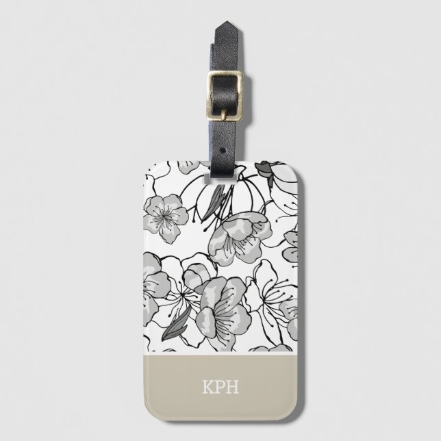 Blommigt Black, White och Tan med Monogram Bagagebricka (Framsida vertikal)