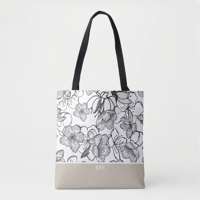 Blommigt Black, White och Tan med Monogram Tygkasse (Framsida)