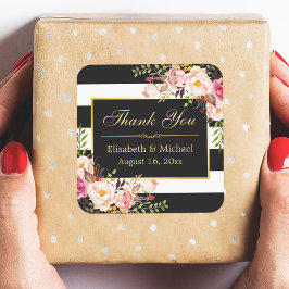 Blommigt Black White Stripe Guld Ram Tack Fyrkantigt Klistermärke