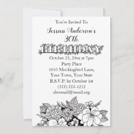 Blommigt Black White Trettionde 30års födelsedag I Inbjudningar