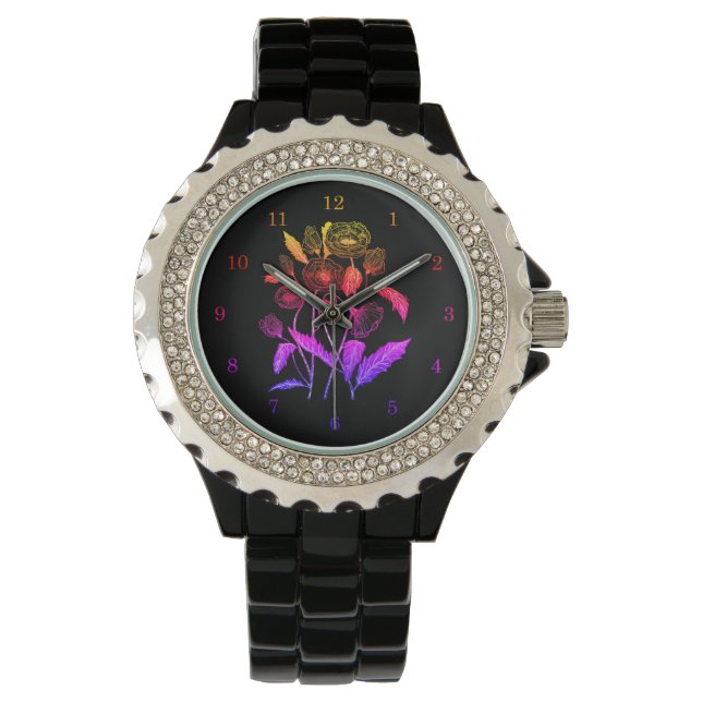 Blommigt Black Women's Watch Armbandsur (Framsida)