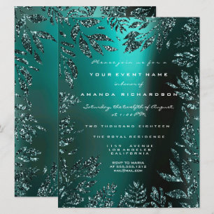 Blommigt Blad Framed Glitter Teal Aquatic Forme Inbjudningar