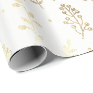 Blommigt Blad Metallic White Faux Guld delikat Presentpapper