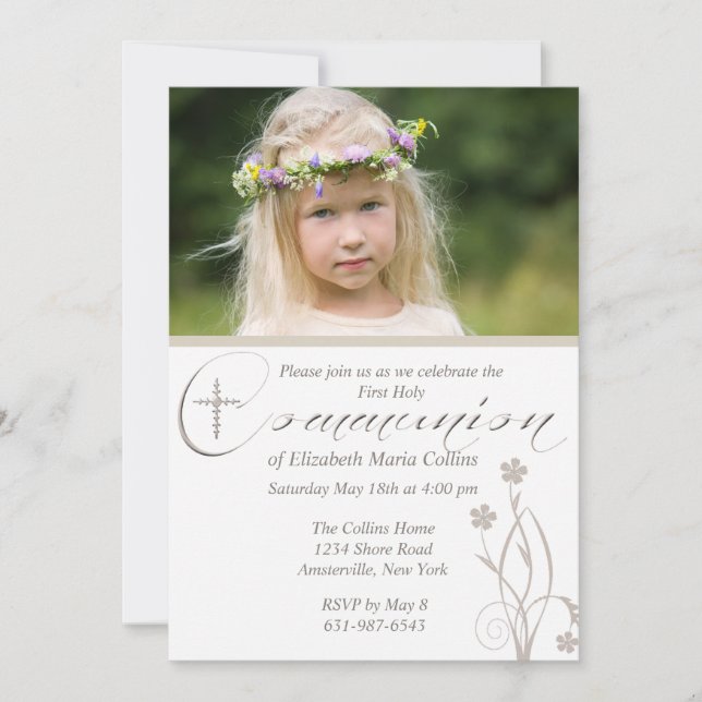 Blommigt Bladar Photo First Heliga Communion Invit Inbjudningar (Framsida)