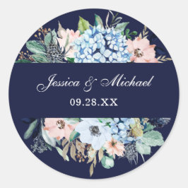 Blommigt Blått Hydrangea Watercolor Bröllop Runt Klistermärke