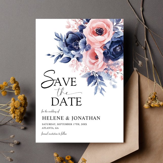 Blommigt Blått  Rosa Boho Elegant bröllop Spara Datumet (Floral Navy Blue Blush Pink Boho Elegant Wedding Save The Date)