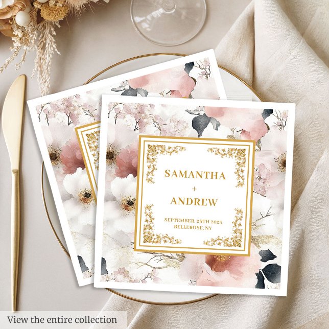 Blommigt  blöjor av elfenbensfärg guld, bröllop pappersservett (Floral blush ivory gold watercolor wedding napkins)