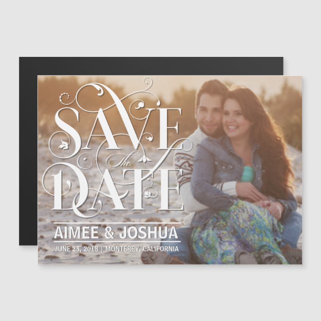 Blommigt - blommande typografi Spara datumfoto Magnetisk Inbjudningskort (Fram/baksida)