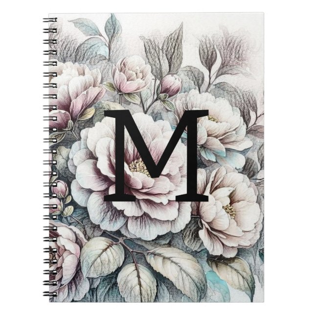 Blommigt blommigt teckning monogram rosa blue peon anteckningsbok (Framsidan)