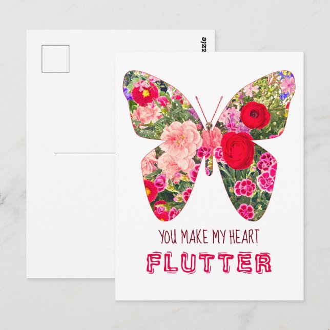 Blommigt Blommor butterfly Valentine Day Postcard Vykort (Fram/baksida)