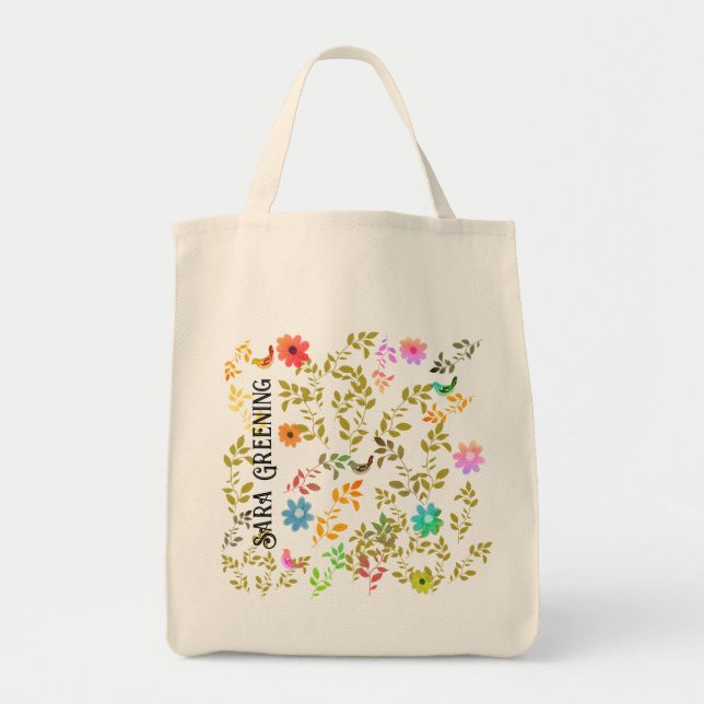 Blommigt blommor med fåglar Tote Tygkasse (Framsidan)