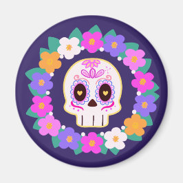 Blommigt Blommsocker Skull Magnet