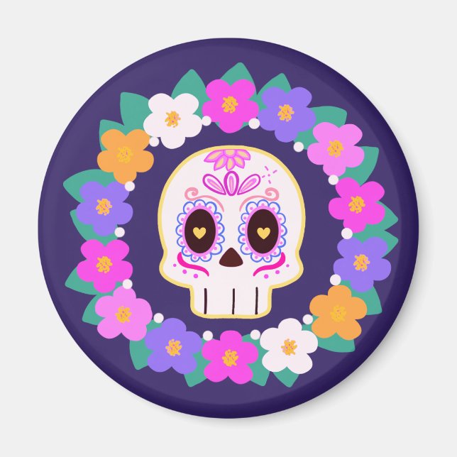 Blommigt Blommsocker Skull Magnet (Framsidan)