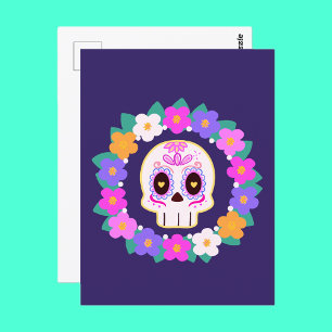 Blommigt Blommsocker Skull Vykort