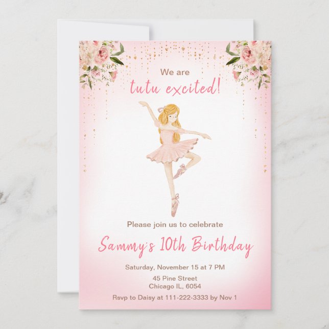 Blommigt Blonde Hair Ballerina Birthday Inbjudningar (Framsida)